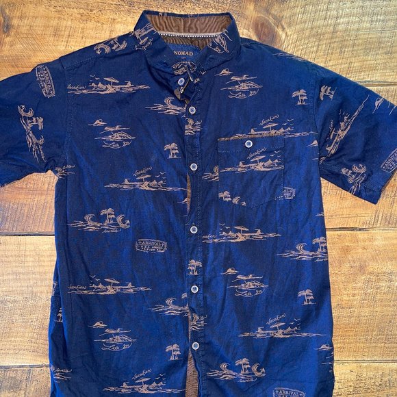 Boy's Nomad Vacation Shirt Button Down Casual Tour Navy Brown 10/12 - Picture 1 of 7